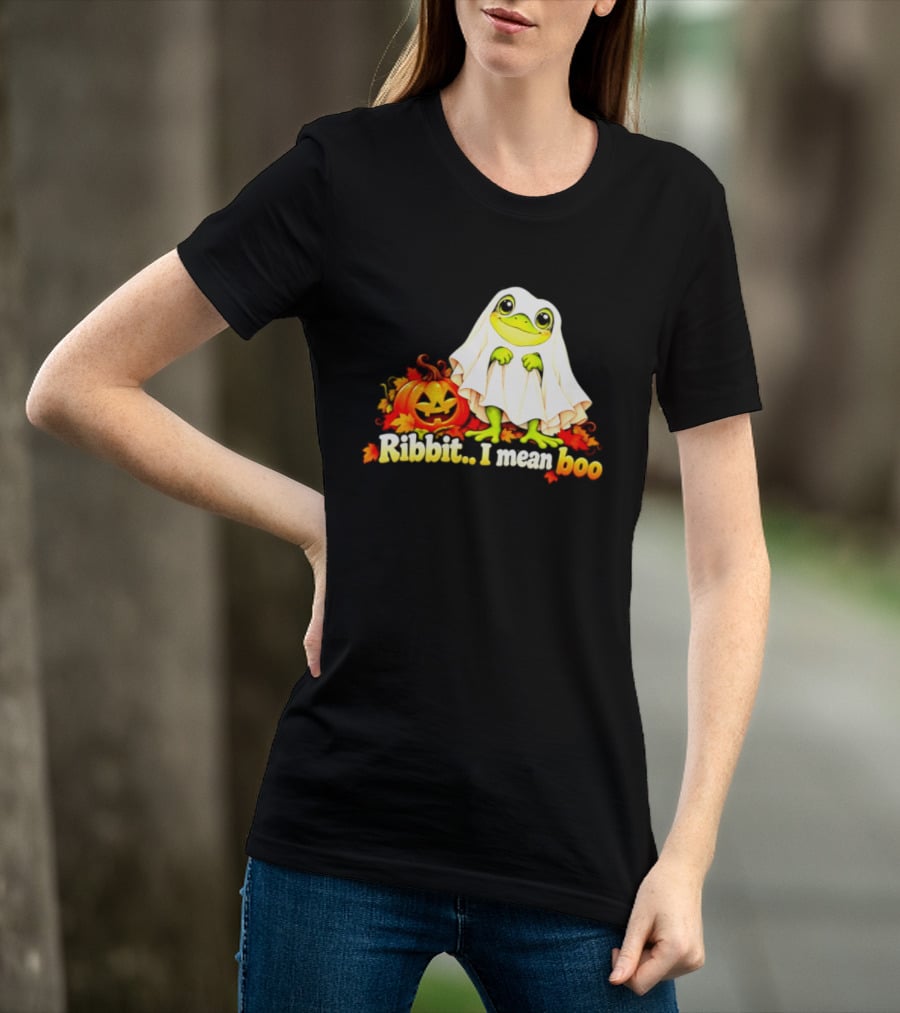 Ribbit I Mean Boo Halloween Frog In Ghost Costume With Pumpkin T-Shirt