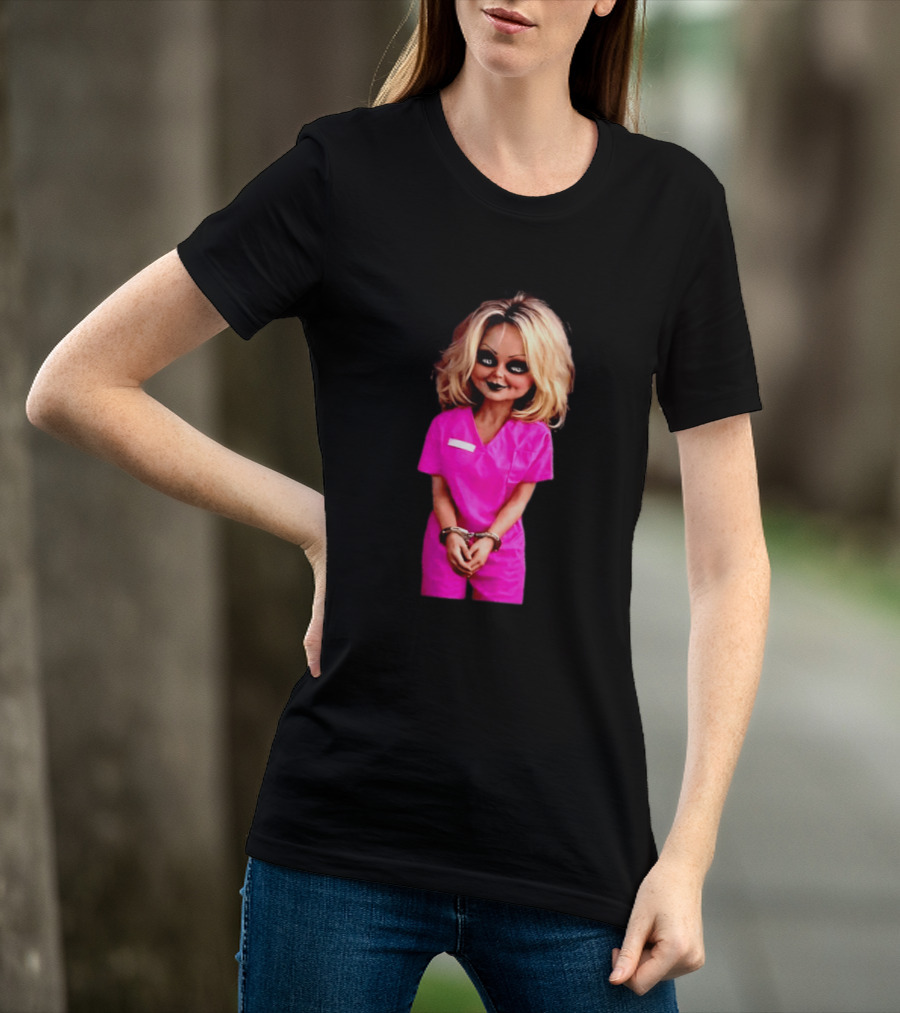 Tiffany Valentine Chucky Doll Pink Prison Uniform Halloween Costume T-Shirt