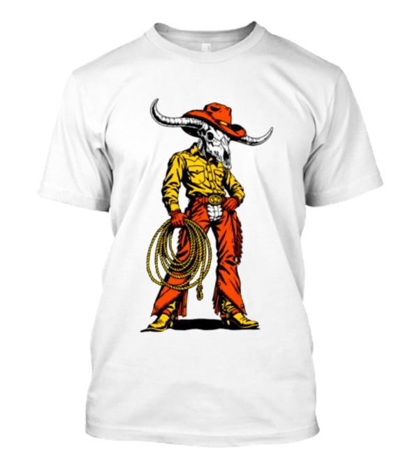 Cowboy Bull Skull With Roping Lasso Western Rodeo Skeleton T-Shirt