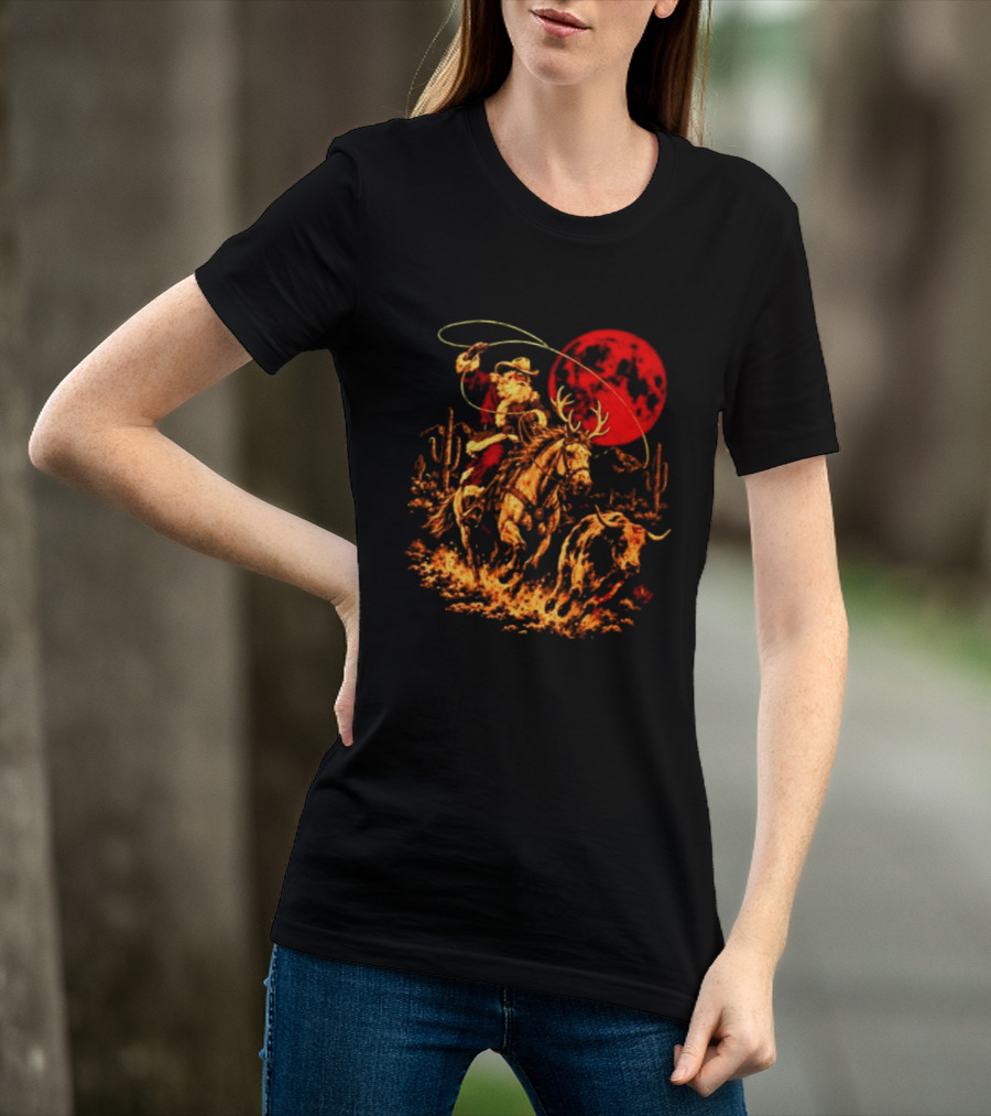 Cowboy Santa Christmas 2026 Holiday Western Rodeo Reindeer Cactus Desert Scene T-Shirt