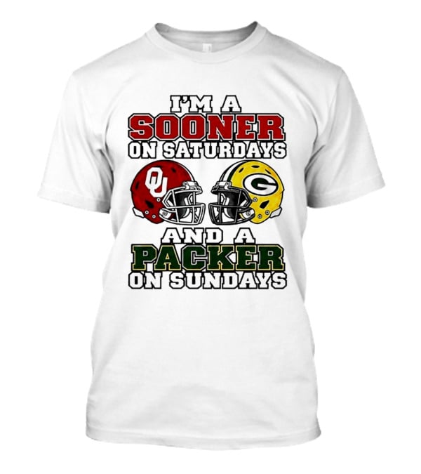 I'm A Sooner On Saturdays And A Packer On Sundays OU Green Bay Helmets 2026 T-Shirt
