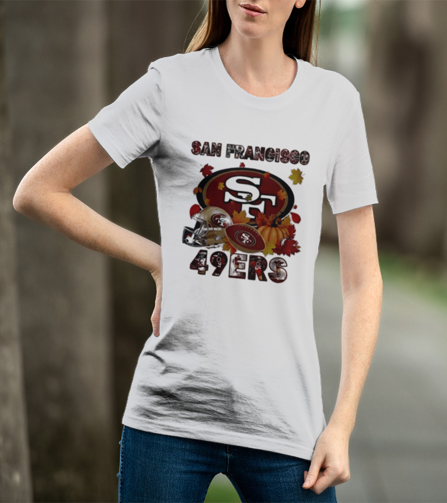 San Francisco 49ers Autumn 2026 Football Helmet And Pumpkin Leaves T-Shirt