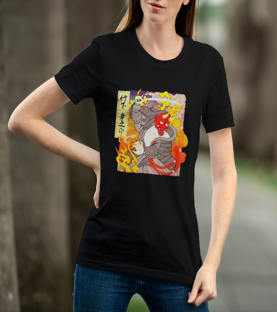 Konosuke Takeshita Demon Samurai AEW Collaboration With Japanese Inspired Flames And Sword T-Shirt