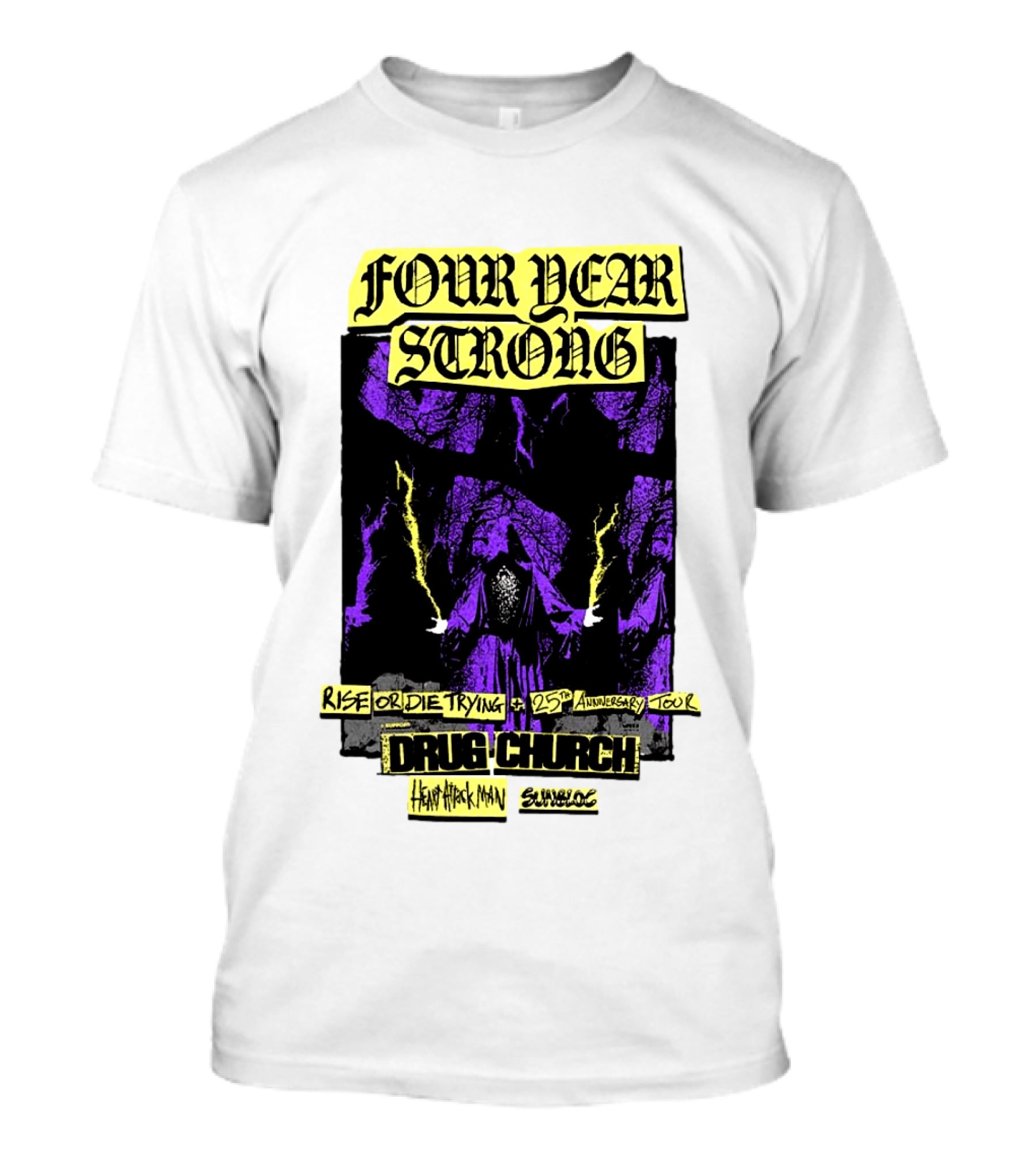 Four Year Strong Rise Or Die Trying 25th Anniversary Tour Drug Church Heart Attack Man Save Face Purple Cloaked Figure T-Shirt