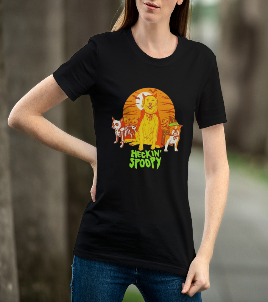 Heckin' Spoopy Dogs Halloween Golden Retriever Skeleton Costume Pumpkin Moon T-Shirt