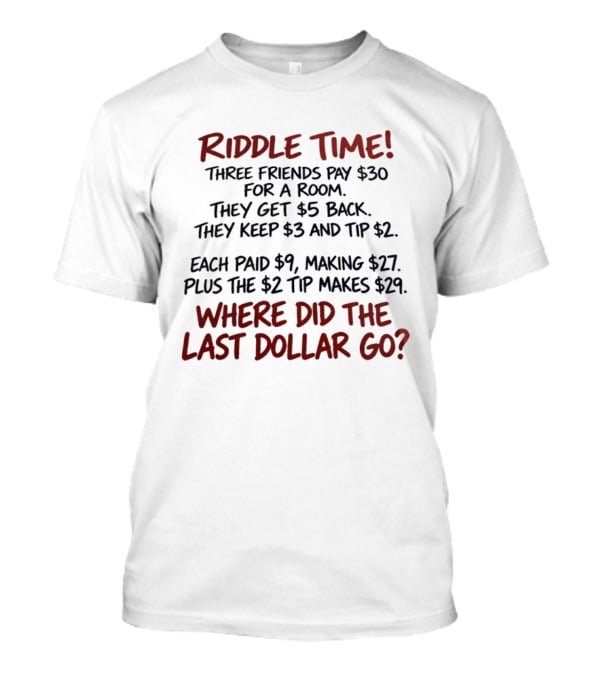 Riddle Time Three Friends Pay Thirty Dollars For A Room Where Did The Last Dollar Go T-Shirt