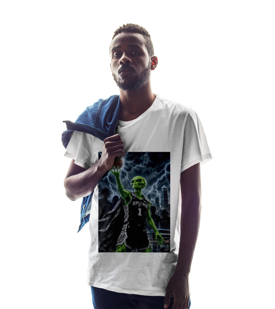 NBA Spurs Alien Spalding Basketball Hovering In Stormy City Skyline T-Shirt