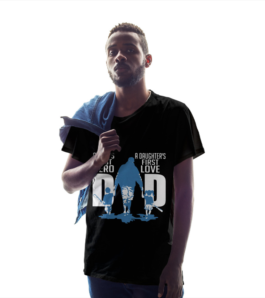 Dad A Son's First Hero A Daughter's First Love Blue Silhouette With Kids And Baseball Bats T-Shirt