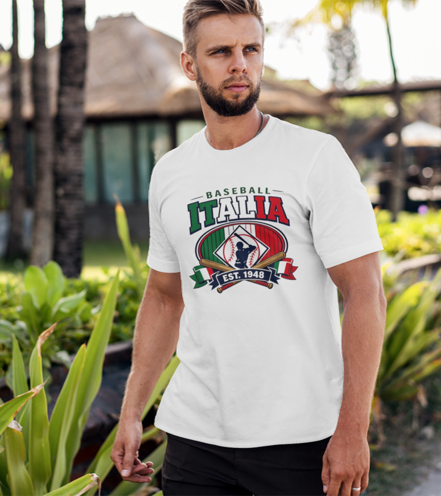 Italia Baseball Heritage Est 1948 Italy Flag Colors and Batting T-Shirt
