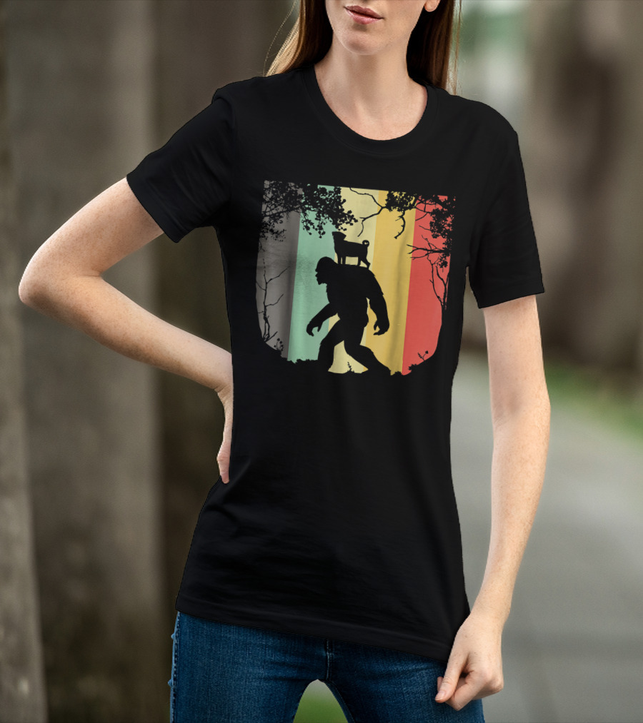 Pug Riding Bigfoot Vintage Retro Sunset Stripes T-Shirt