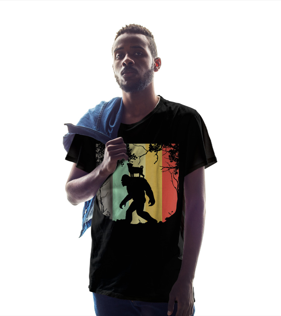Pug Riding Bigfoot Vintage Retro Sunset Stripes T-Shirt