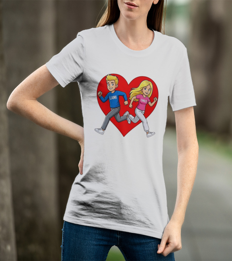 Lami And Emily Cartoon Couple Running With Heart T-Shirt