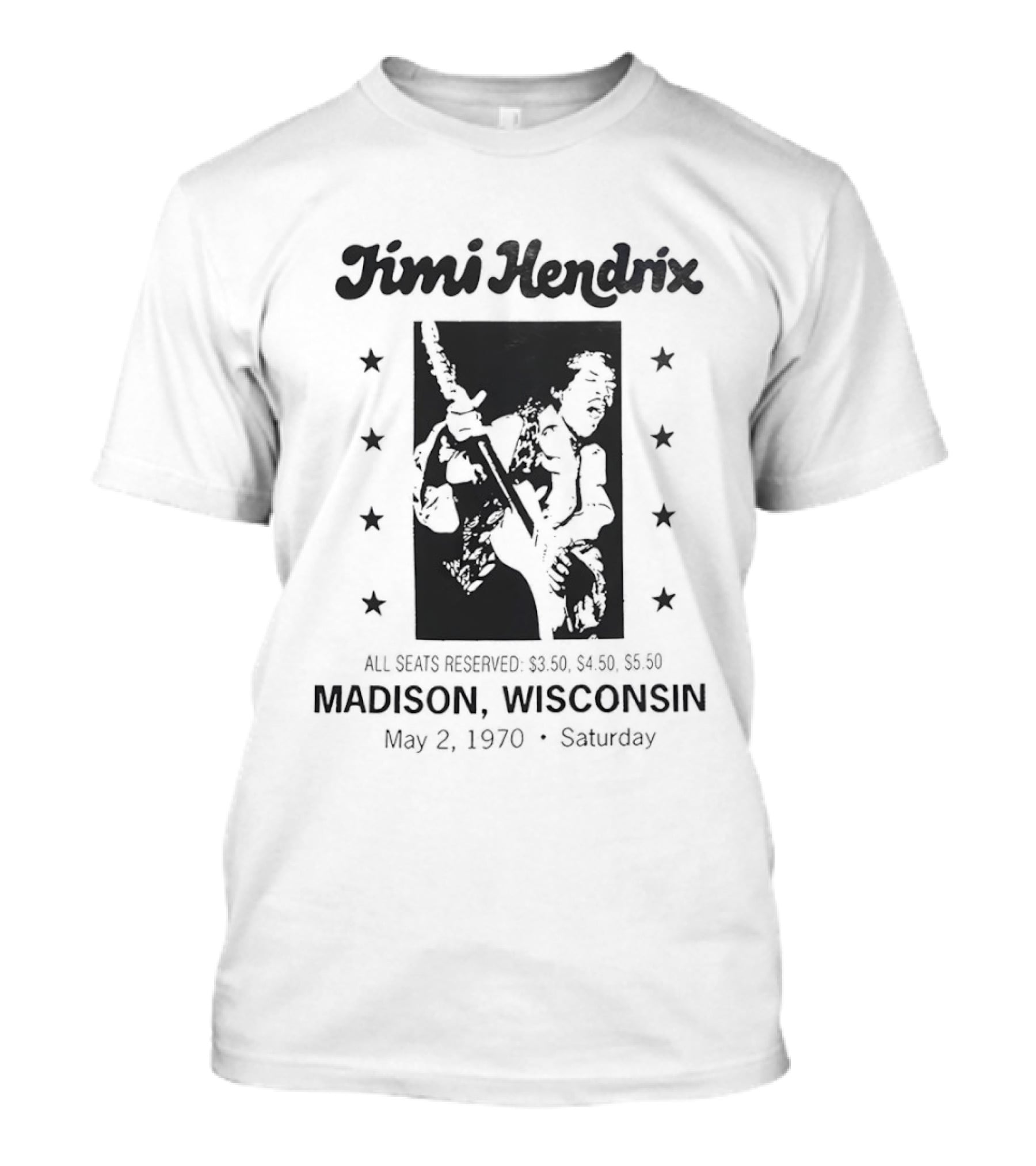 Jimi Hendrix Madison Wisconsin Concert May 2 1970 Saturday All Seats Reserved $3.50 $4.00 $4.50 T-Shirt