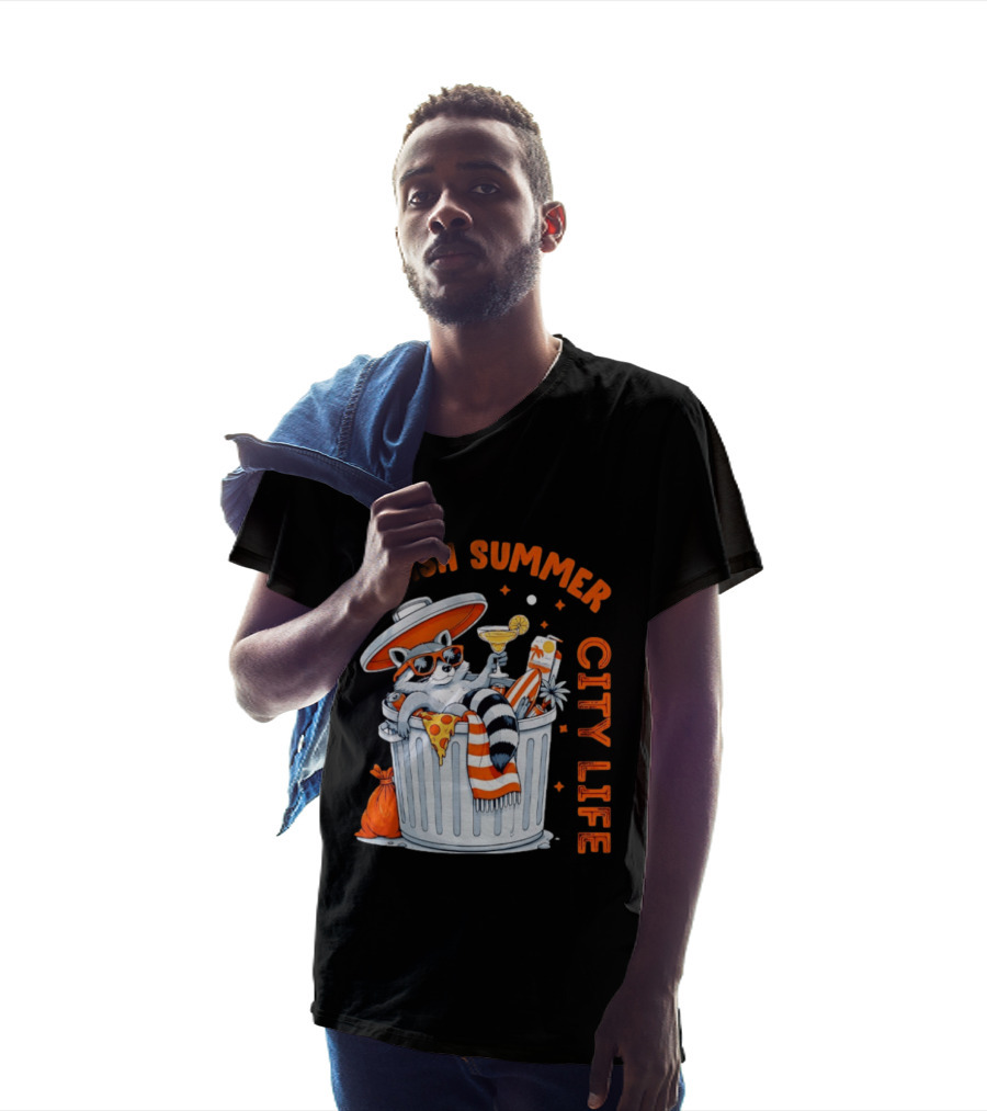 Trash Summer City Life Raccoon Enjoying Urban Vibes With Pizza And Martini T-Shirt