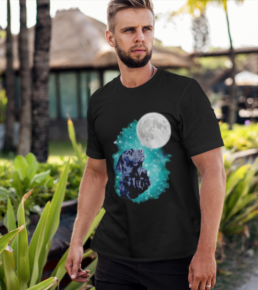 Black Dog Under Moon In Galaxy Space T-Shirt