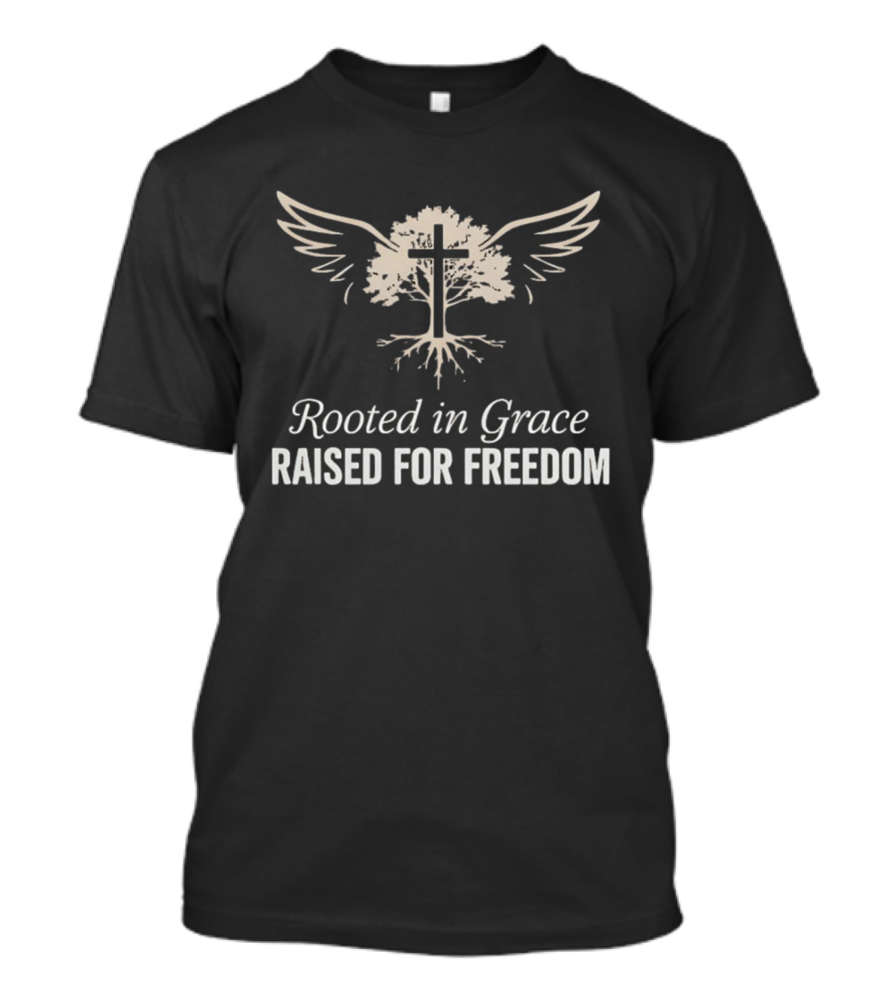 Rooted In Grace Raised For Freedom Cross Tree Wings Christian Faith T-Shirt