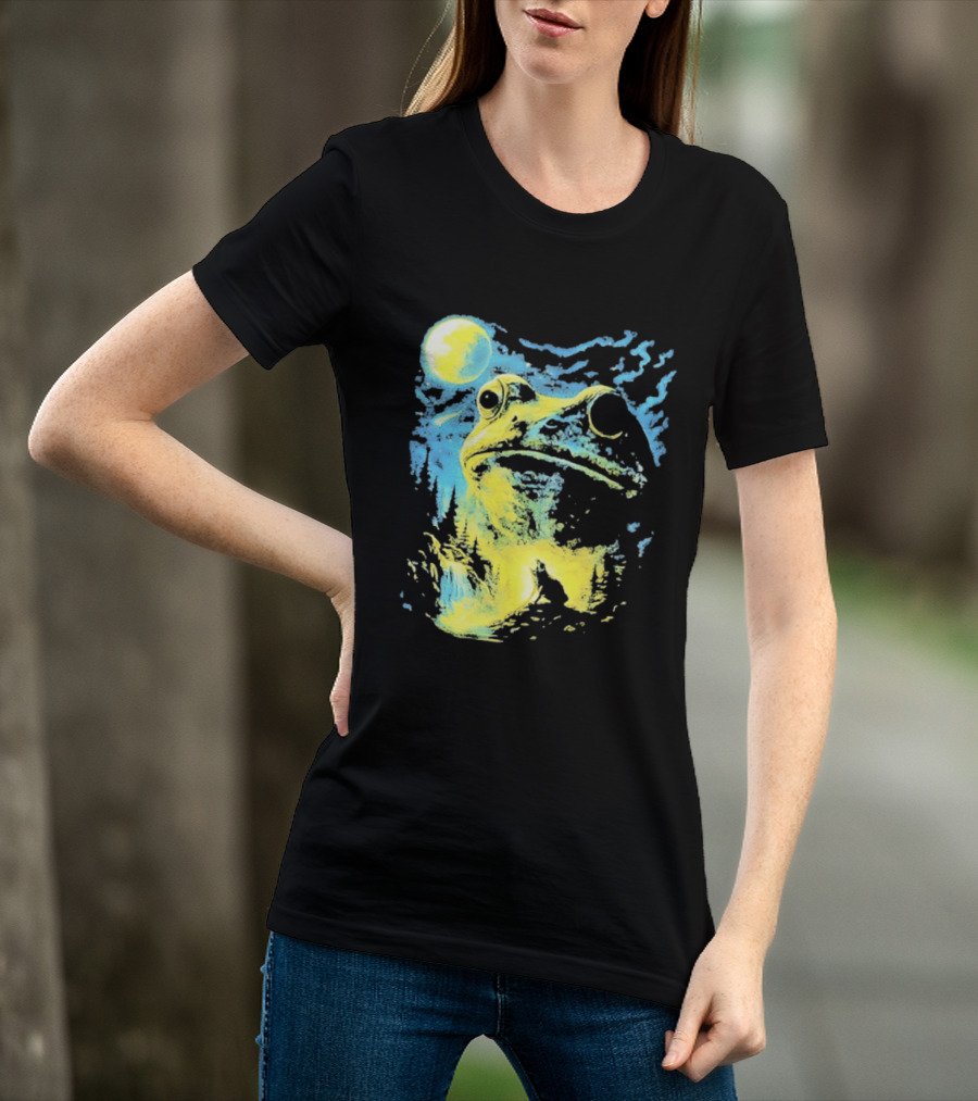 Howling Wolf Frog Moon Night Scene Surreal Fantasy T-Shirt