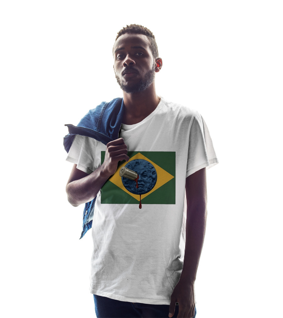 Brazil Flag Moon Face With Bullet And Bleeding Effect T-Shirt