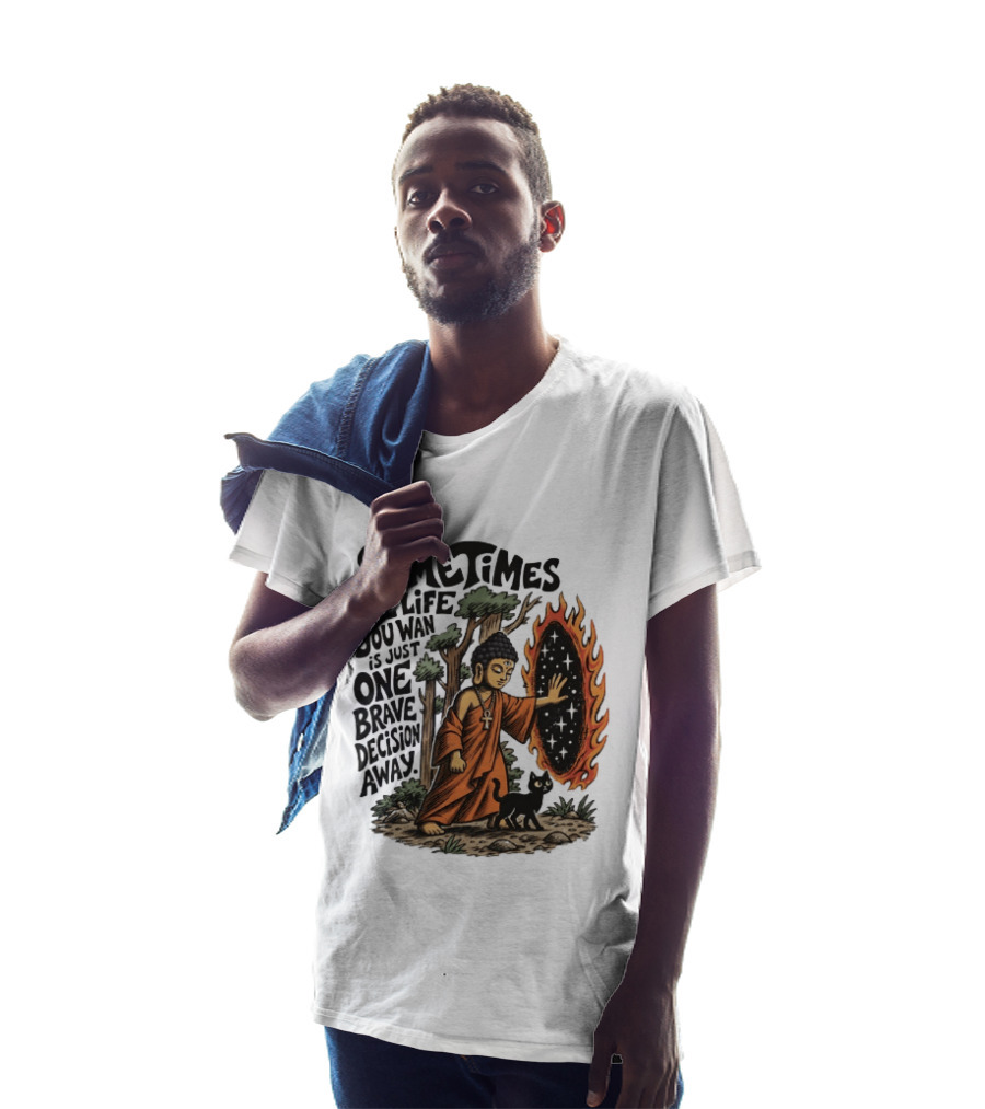 Sometimes The Life You Want Is Just One Brave Decision Away Buddha Cat Portal Forest T-Shirt