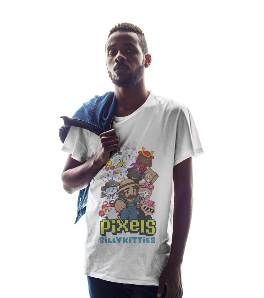 Pixels Silly Kitties Character Collage With Mustached Figure And Cute Cat Ensemble T-Shirt