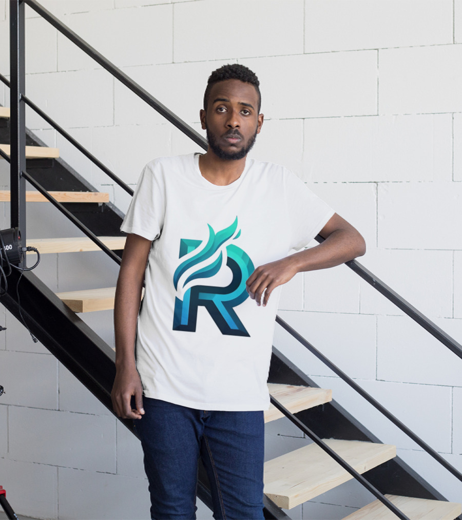 R Flame Letter Blue Green Gradient T-Shirt