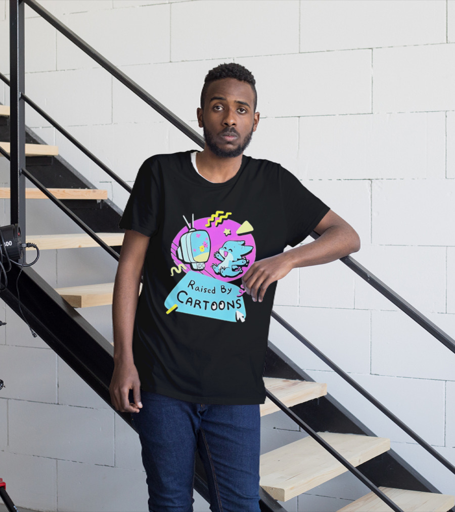 Raised By Cartoons Nostalgia 90s Kid Cartoon Lover Retro TV And Playful Puppy Scene T-Shirt