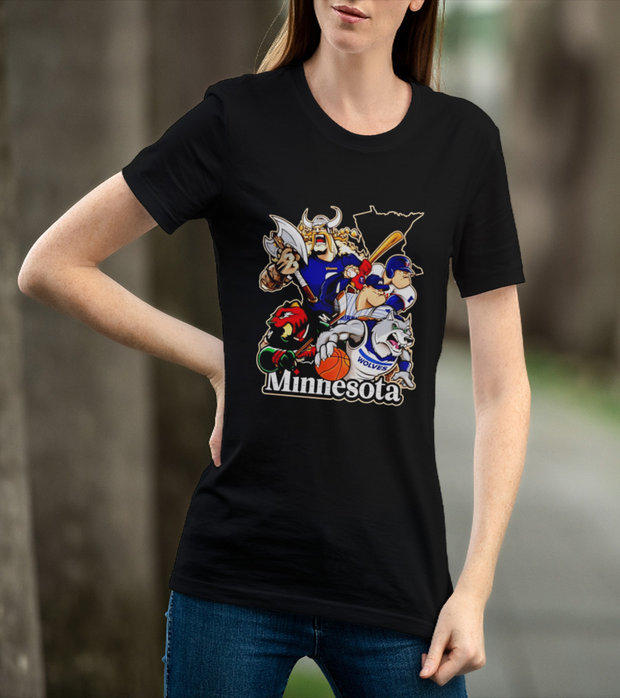 Minnesota Vikings Wild Twins Timberwolves Characters Collage T-Shirt