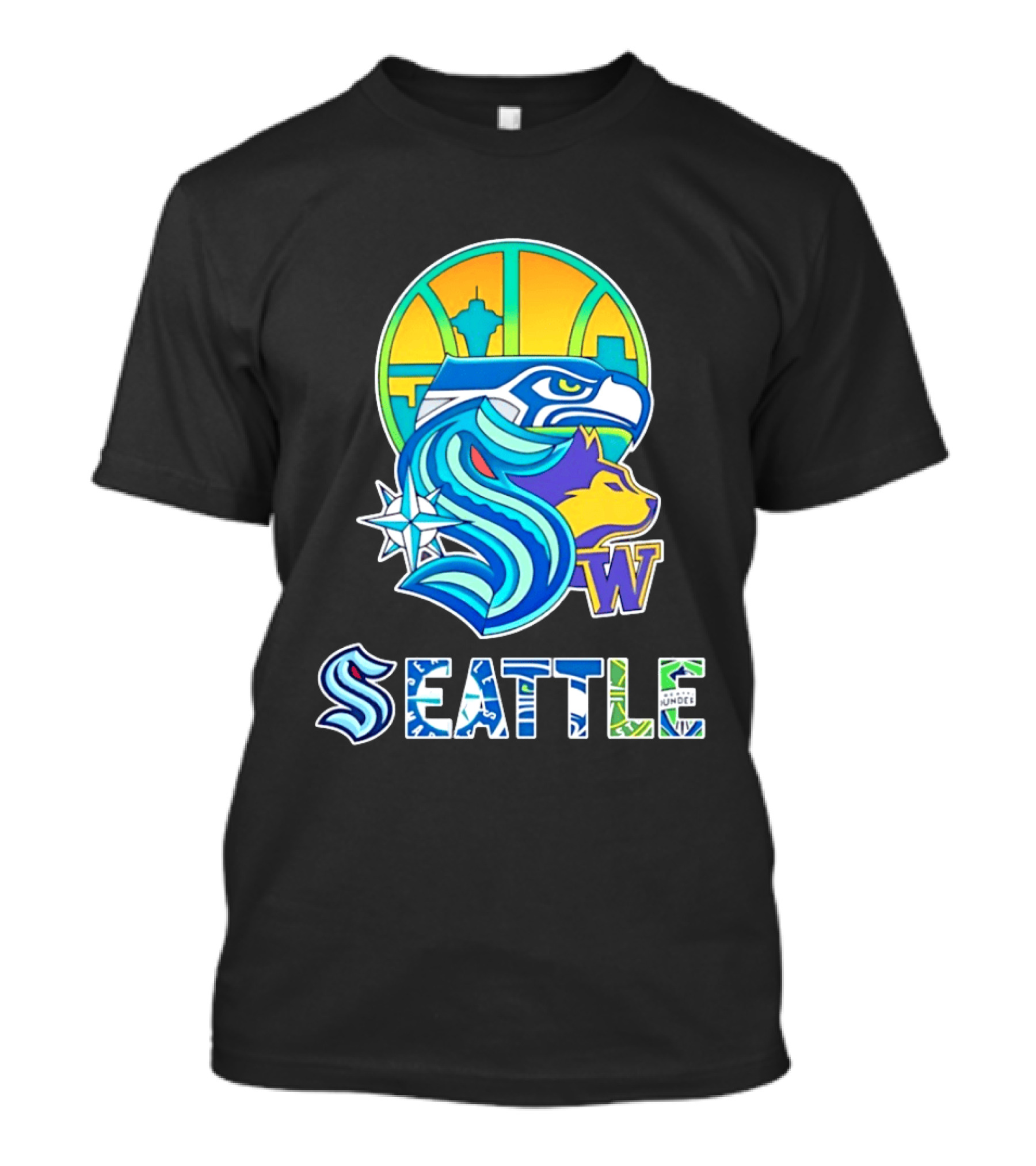 Seattle Seahawks Washington Huskies Skyline Collage With Space Needle And Compass Rose T-Shirt