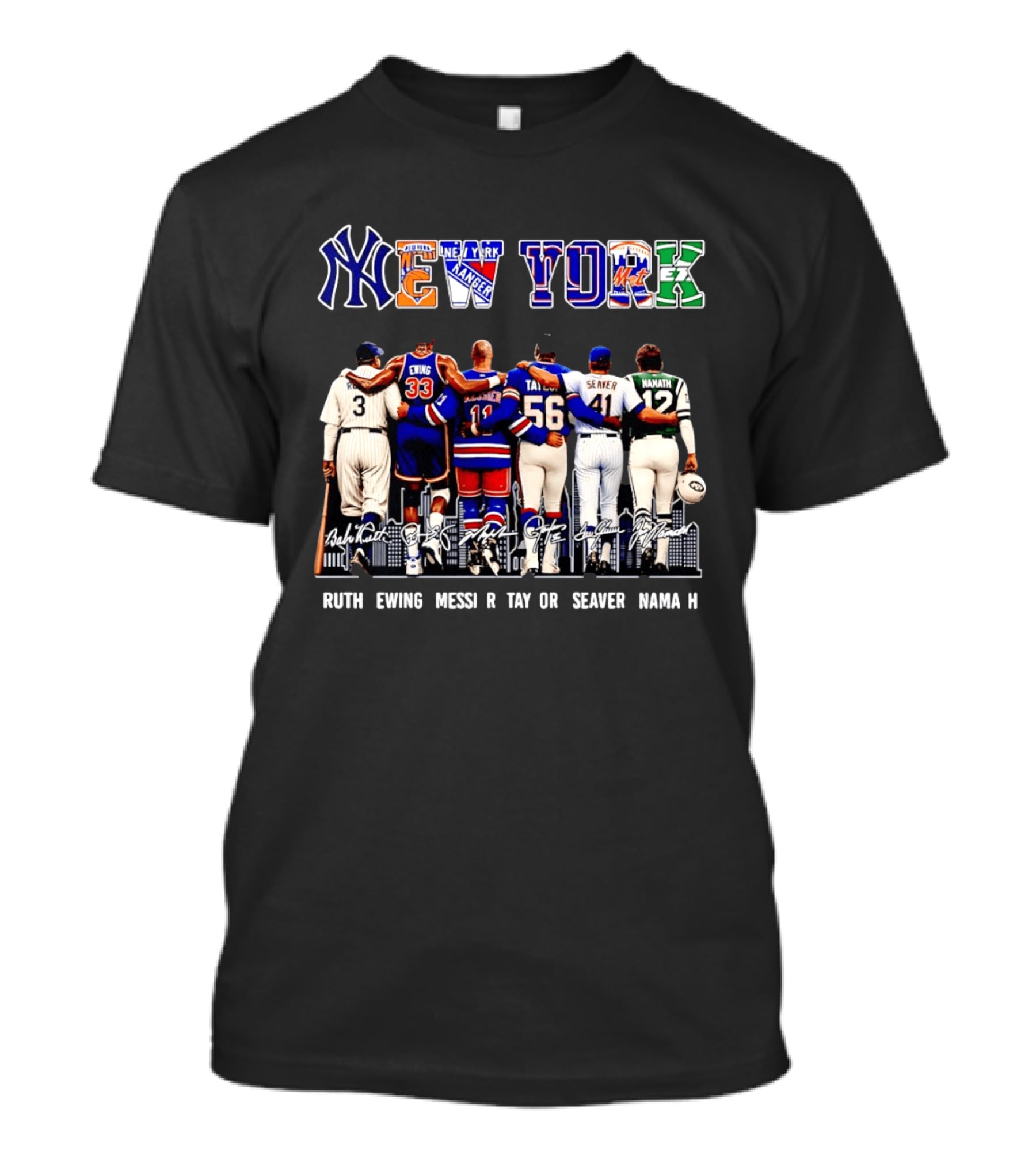 NY Sports Legends New York Yankees Knicks Rangers Mets Giants Jets Ruth Ewing Messier Taylor Seaver Namath T-Shirt