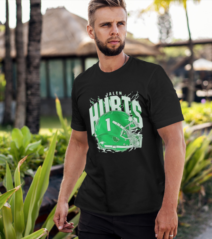 Jalen Hurts 1 Philadelphia Eagles Green Helmet Football T-Shirt
