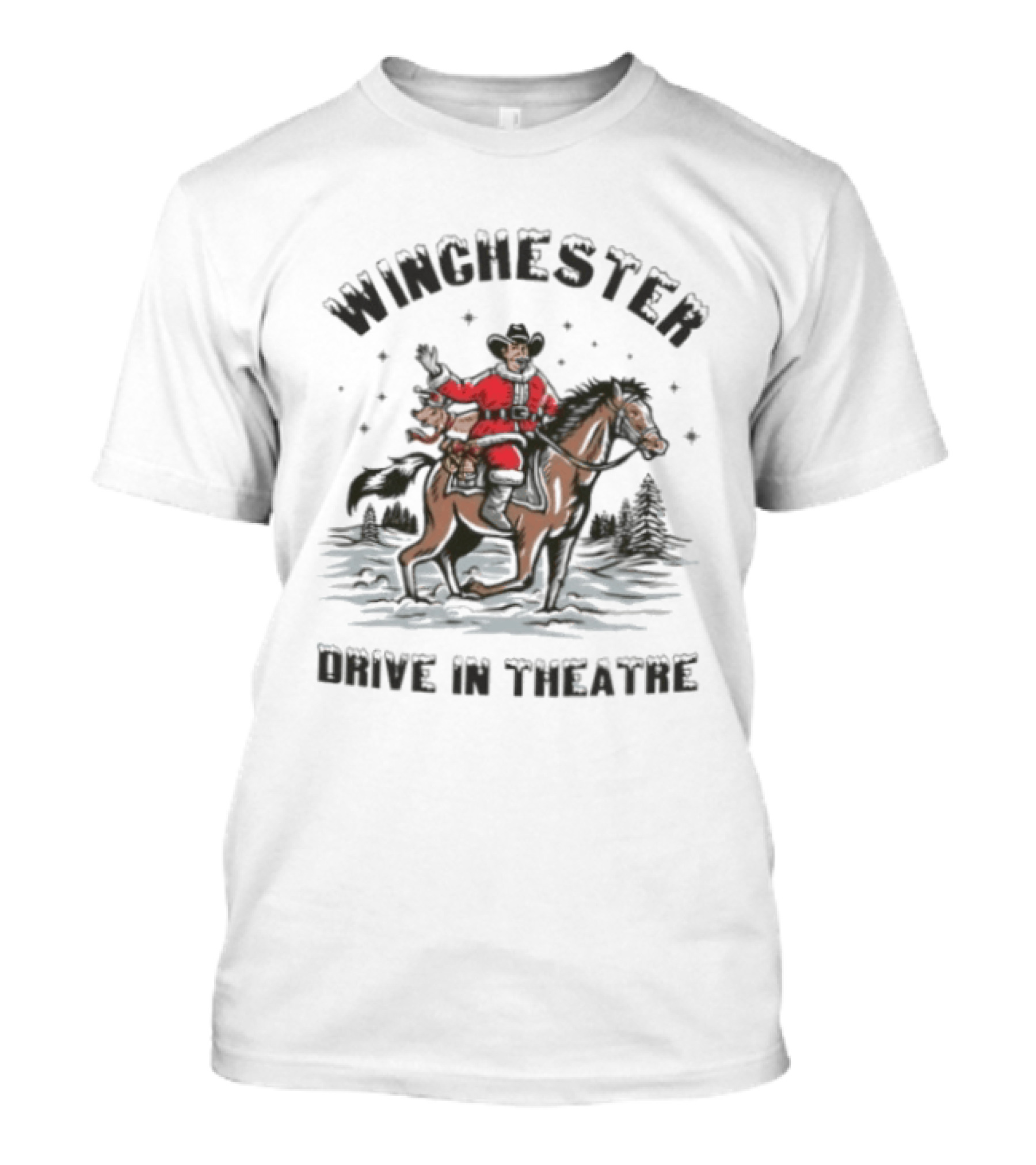 Winchester Drive In Theatre Santa Claus Riding Horse Christmas Cowboy T-Shirt