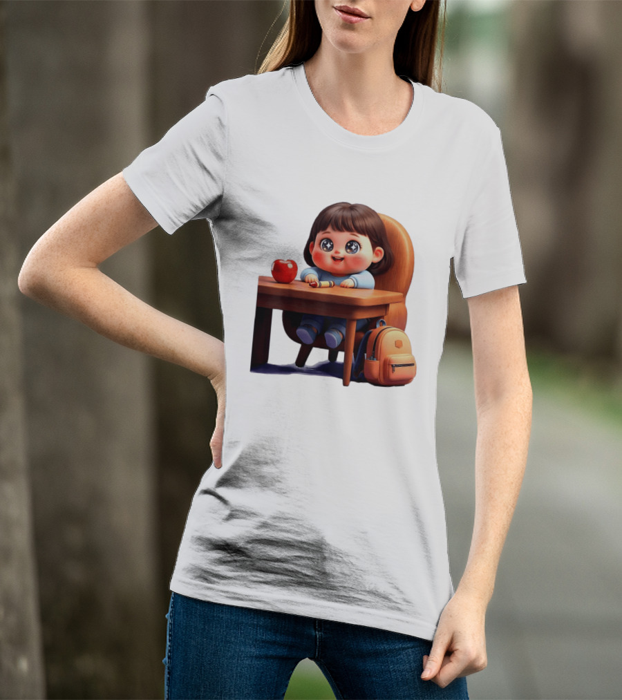 Cartoon Girl With Apple Backpack At Desk T-Shirt