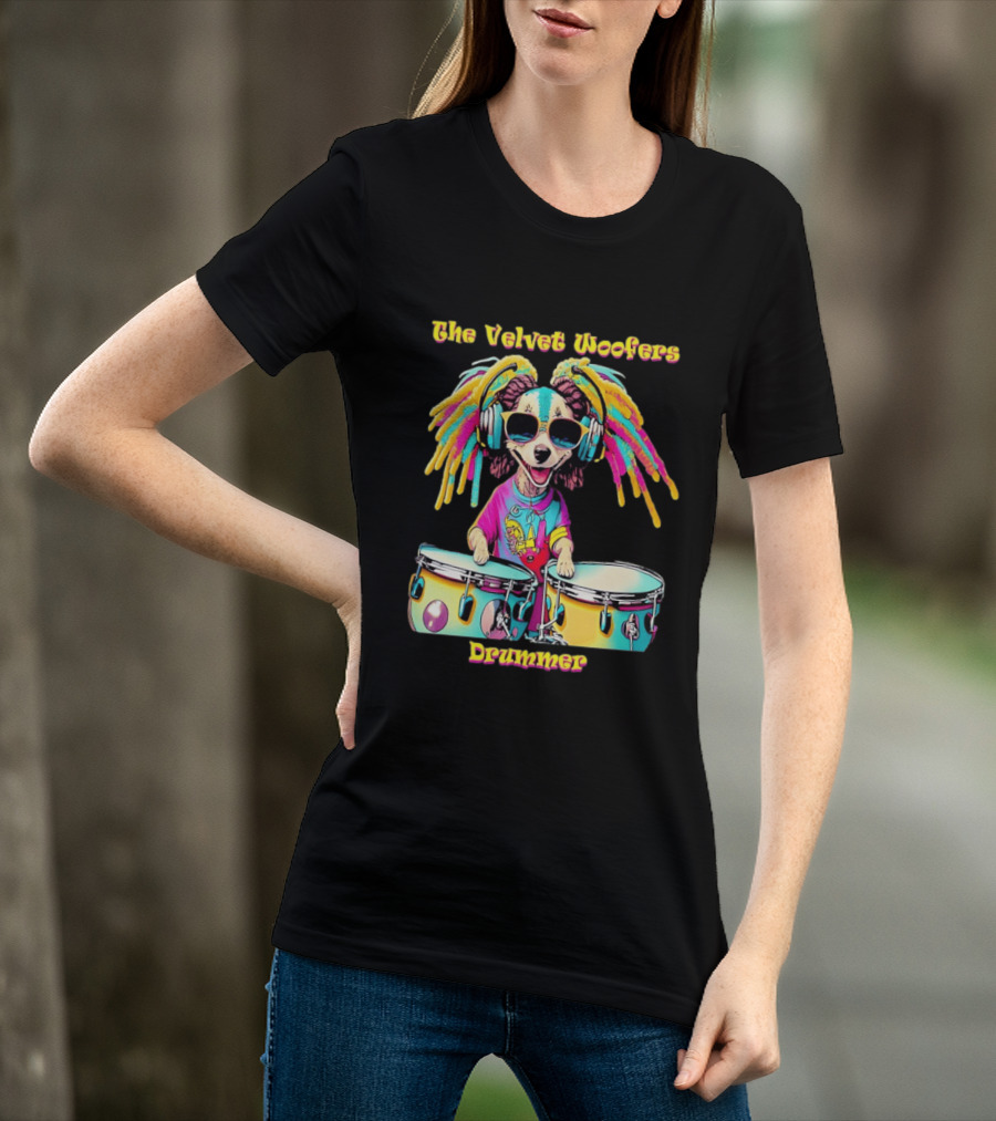 The Velvet Woofers Drummer Dog Colorful Cool Canine With Headphones And Drums T-Shirt