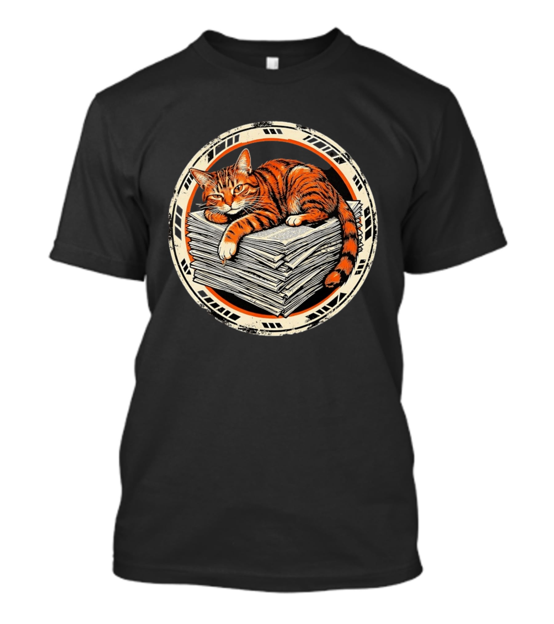 Orange Cat Relaxing On Stack Of Newspapers In Circle T-Shirt
