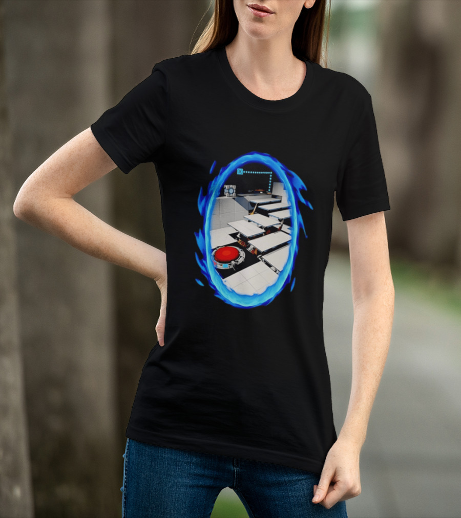 Portal Weighted Companion Cube Aperture Science Test Chamber Blue Portal Steps T-Shirt