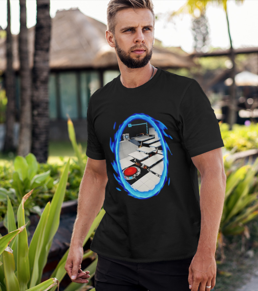 Portal Weighted Companion Cube Aperture Science Test Chamber Blue Portal Steps T-Shirt