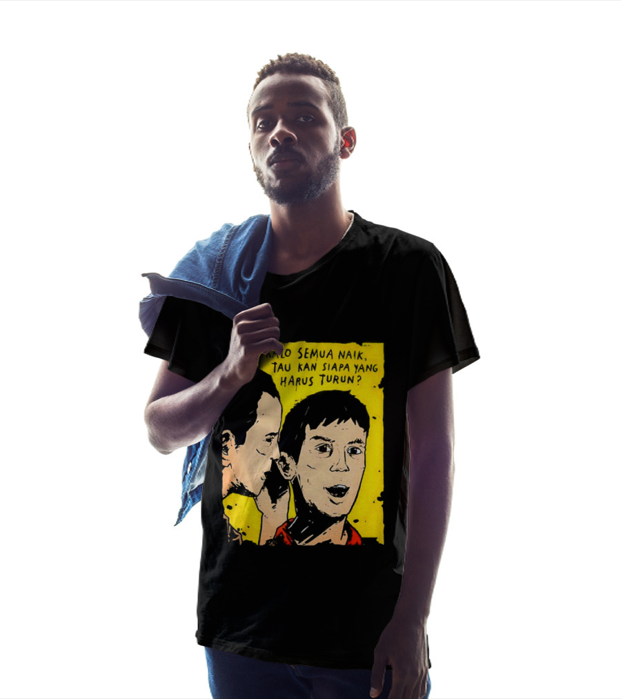Kalo Semua Naik Tau Kan Siapa Yang Harus Turun Yellow Background Portrait Duo T-Shirt