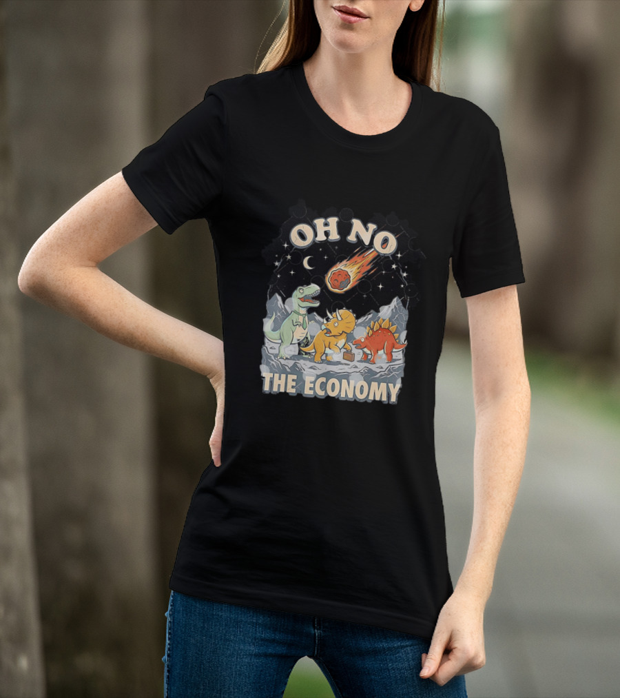 Oh No The Economy Dinosaurs Meteor Cartoon Funny Design Dinosaur Comic T-Shirt