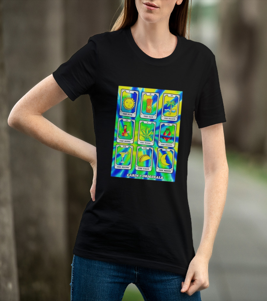 Cabin 7 Originals Tarot Cards Sun Tan Beach Bong Weed Bikini Drink Taco Moon T-Shirt