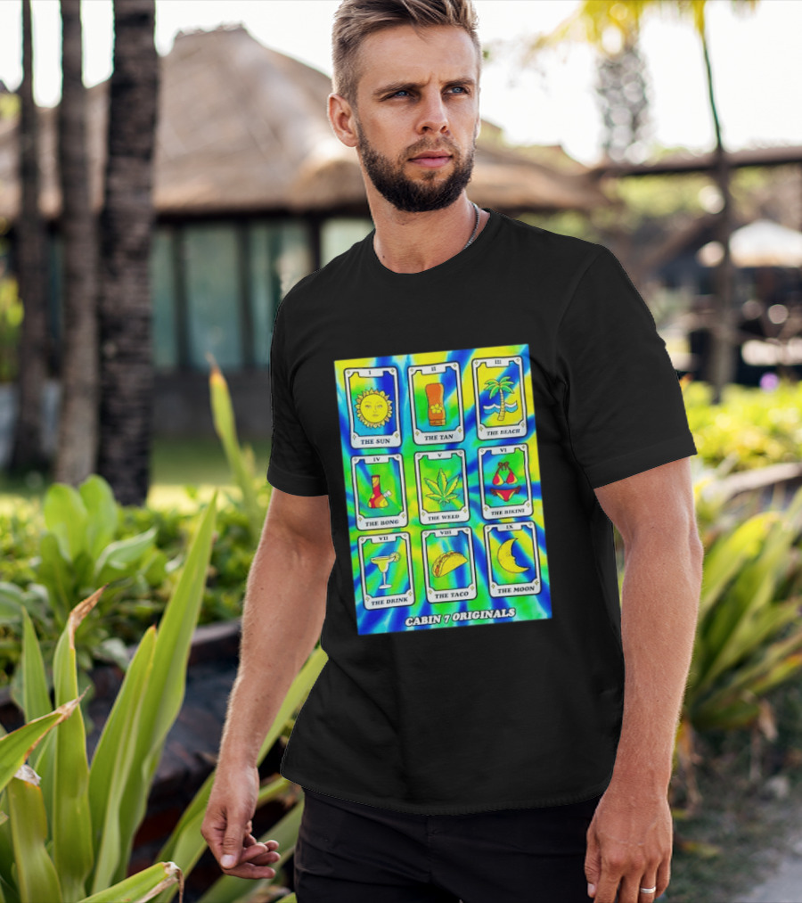 Cabin 7 Originals Tarot Cards Sun Tan Beach Bong Weed Bikini Drink Taco Moon T-Shirt