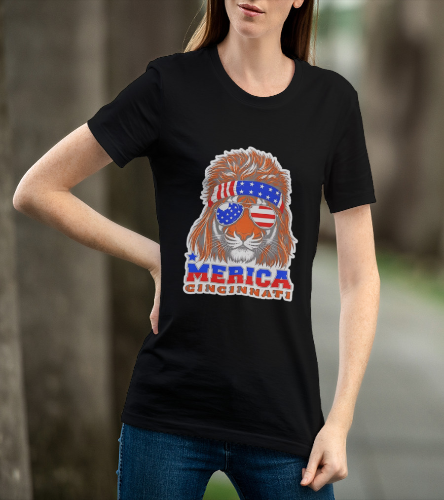 Cincinnati Merica Patriotic Tiger Mullet USA Flag T-Shirt