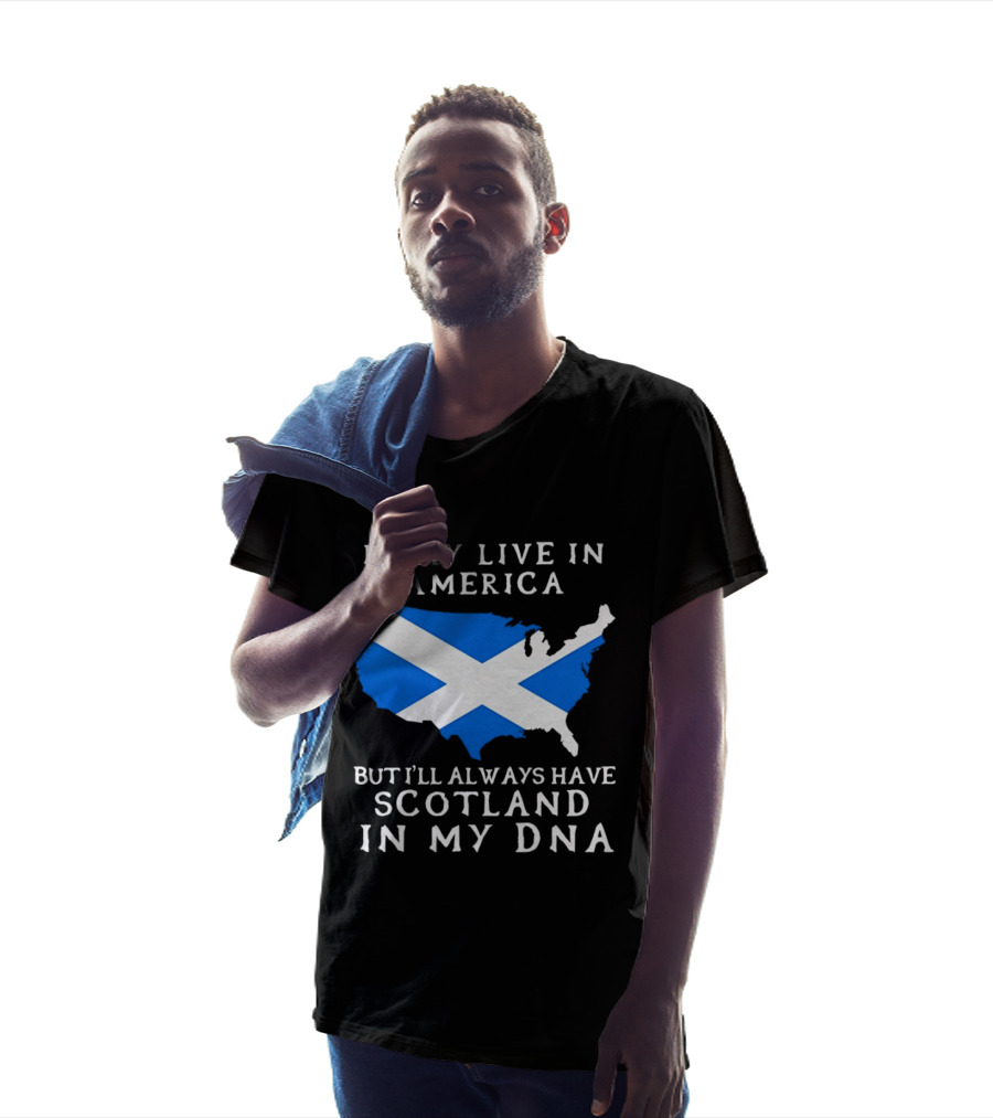 I May Live In America But Always Have Scotland In My DNA With Scottish Flag In USA Map T-Shirt