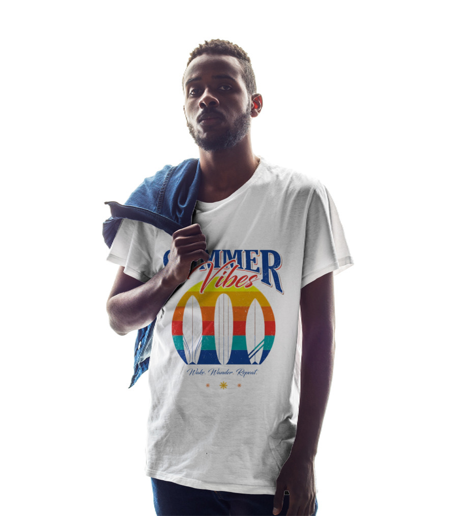 Summer Vibes Wake Wander Repeat Retro Surfboard Sunset T-Shirt