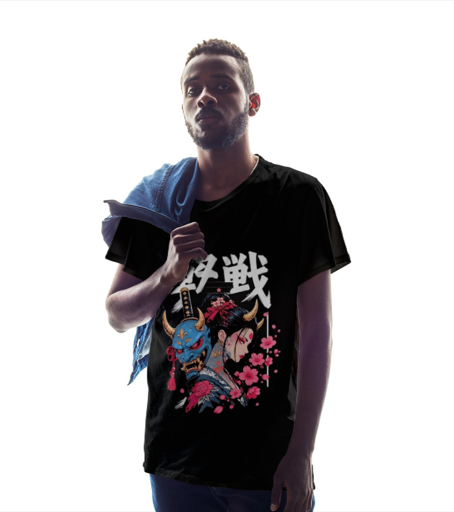 Japanese Oni Mask And Geisha With Cherry Blossoms Kanji T-Shirt