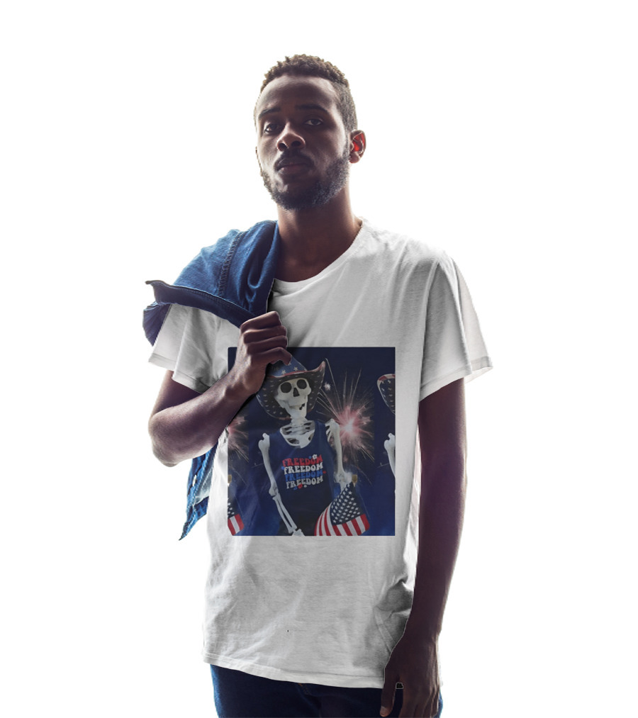 Freedom Skeleton Patriot With American Flag And Fireworks Fourth Of July T-Shirt