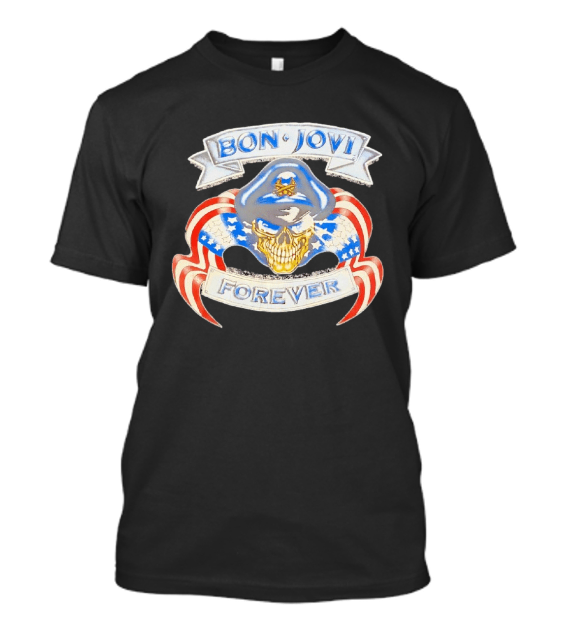 Bon Jovi Forever Skull With American Flag Banners And Blue Cap T-Shirt