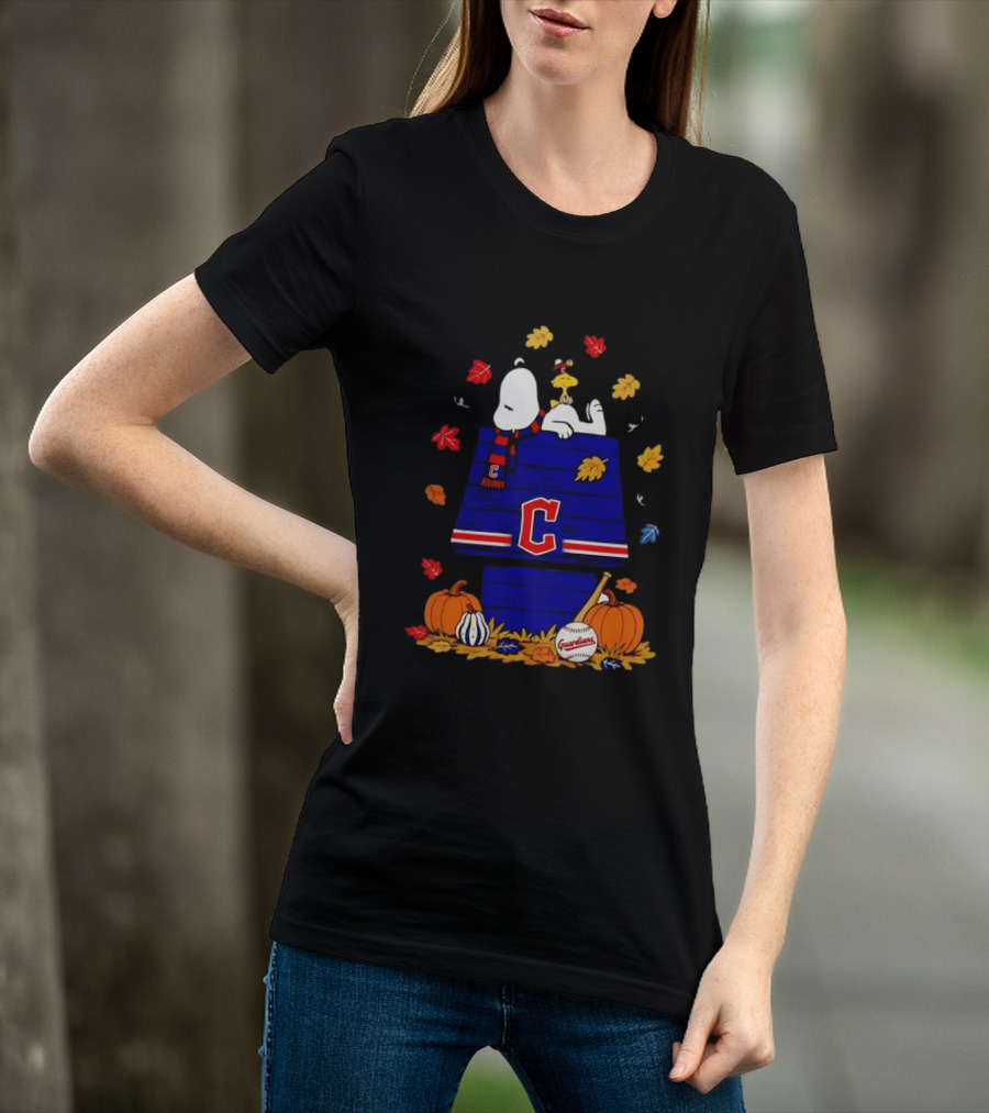 Snoopy Woodstock Cleveland Guardians Fall Baseball Pumpkins Autumn Leaves T-Shirt