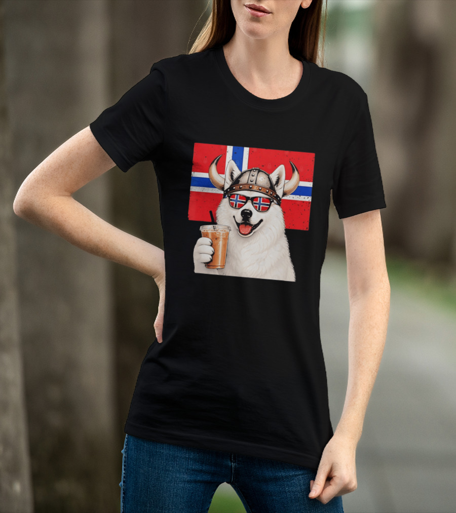 Viking Husky With Norwegian Flag Glasses And Iced Coffee T-Shirt
