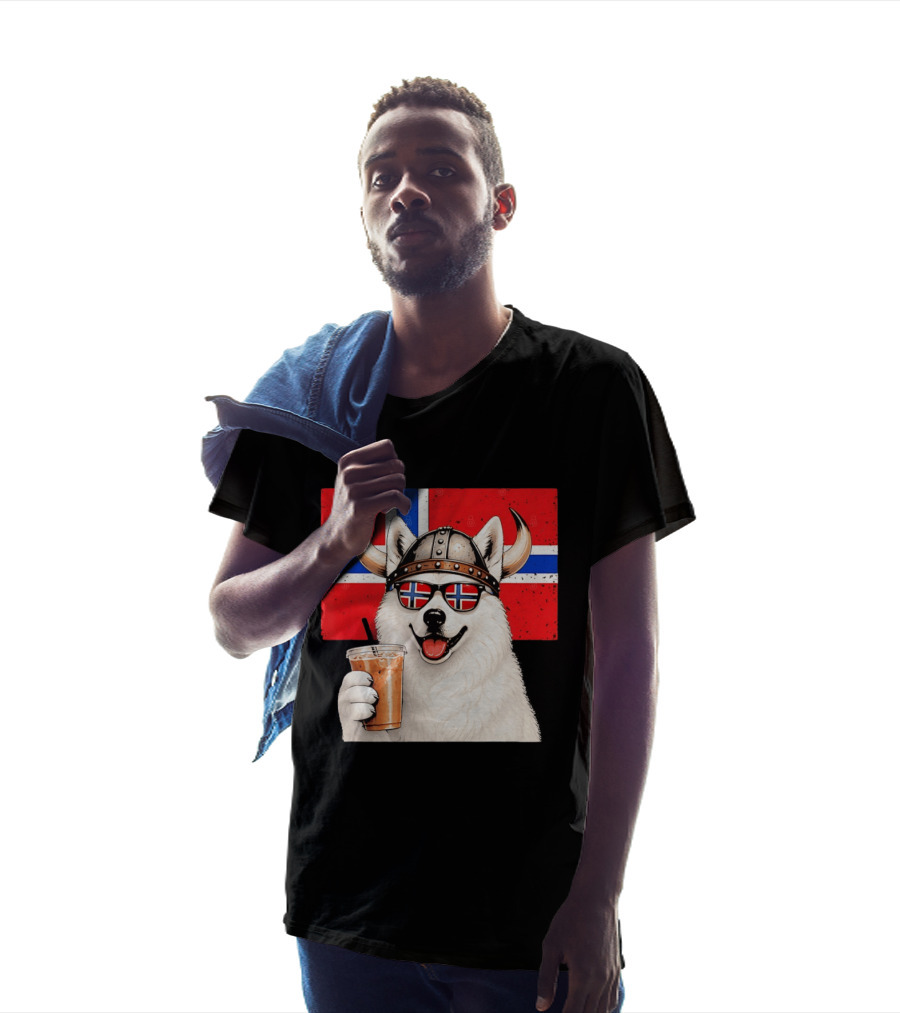 Viking Husky With Norwegian Flag Glasses And Iced Coffee T-Shirt