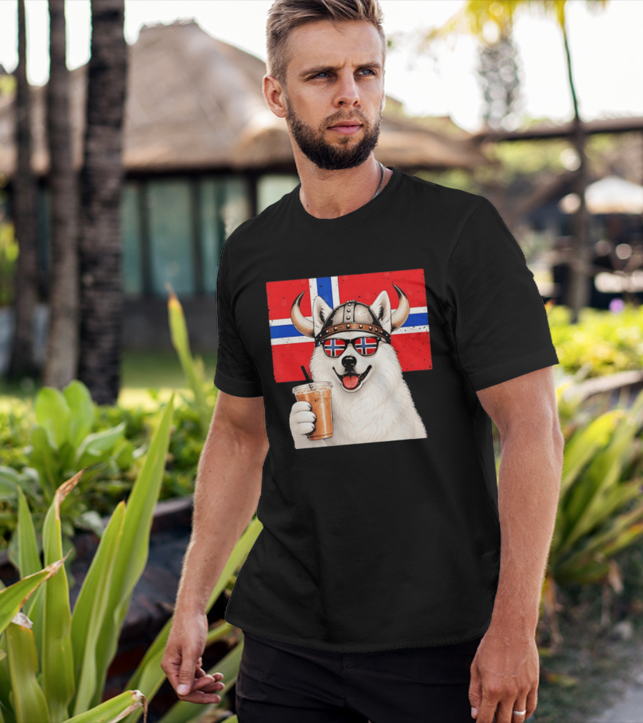 Viking Husky With Norwegian Flag Glasses And Iced Coffee T-Shirt
